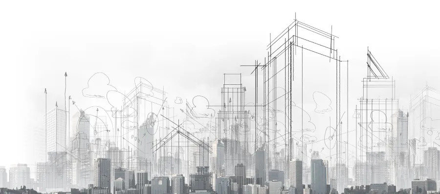 Ilustración de una ciudad en construcción, con edificios dibujados sobre el horizonte